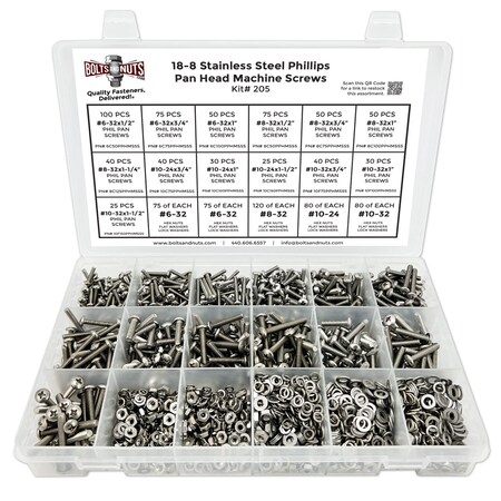 Boltsandnuts.Com Inch Stainless Steel Phillips Pan Head Machine Screws, Hex Nuts, Flat & Lock Washers - 1921 PCS Assortment Kit #205